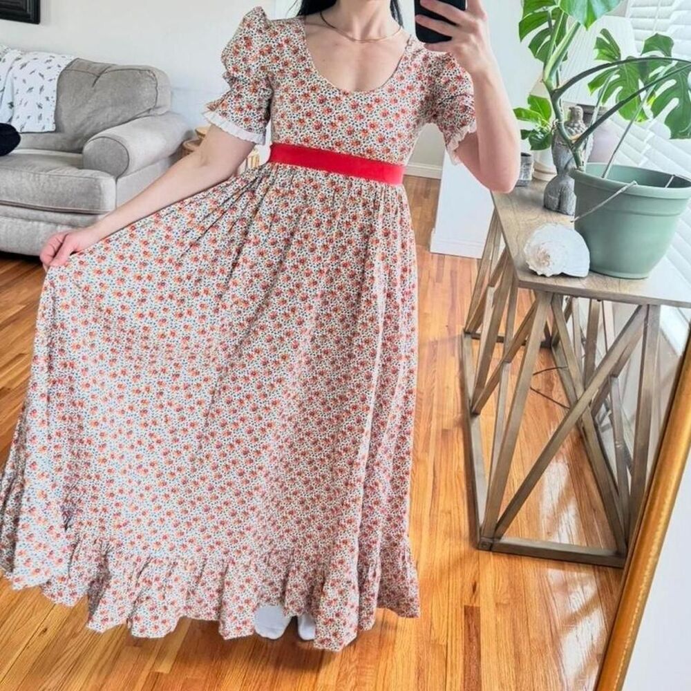 Vintage Prairie Maxi Dress XS Handmade Cottagecore Calico Floral Puff Sleeve